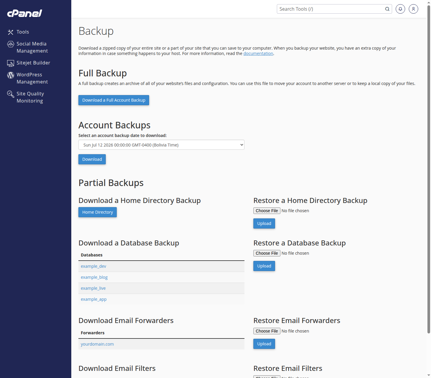 The Backup tool in cPanel
