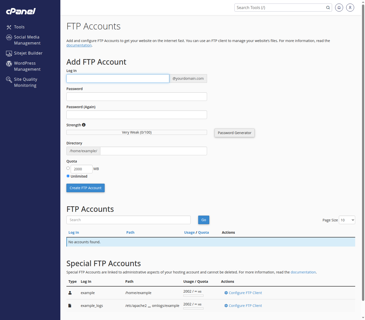 Creating an FTP account in cPanel