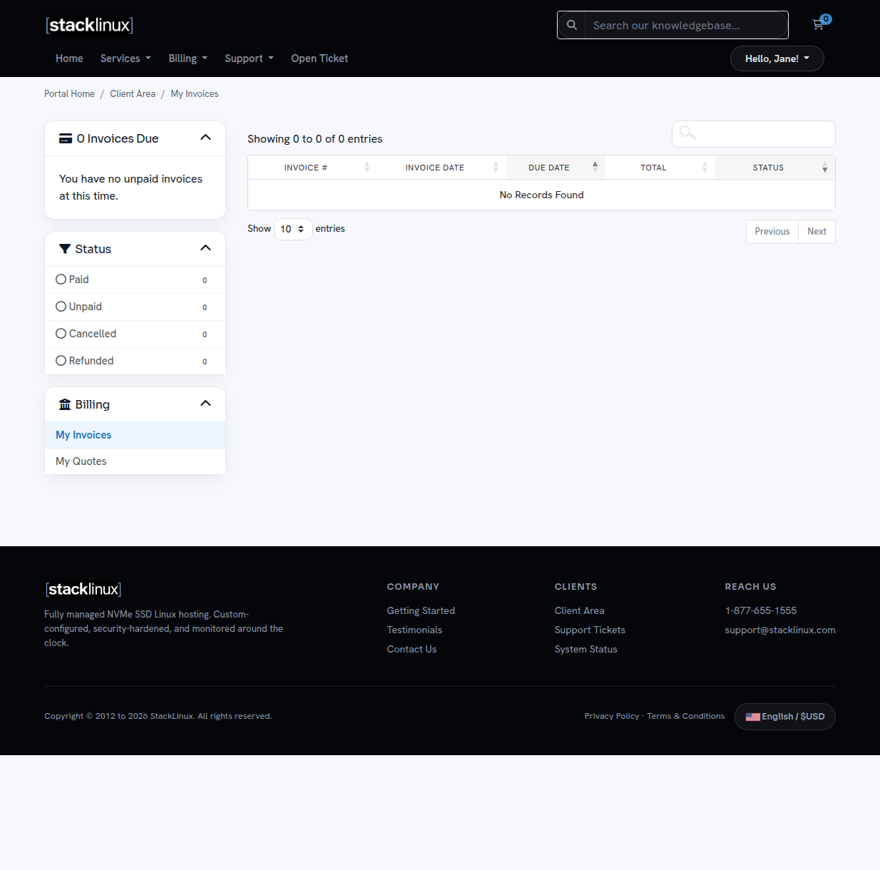 My Invoices screen in the client portal