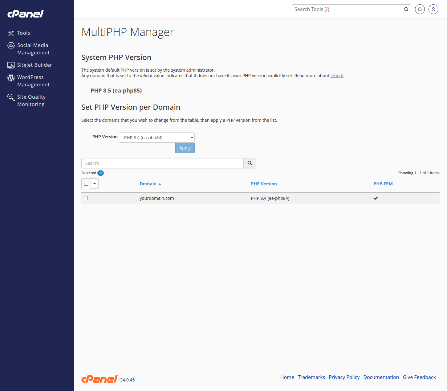 MultiPHP Manager in cPanel