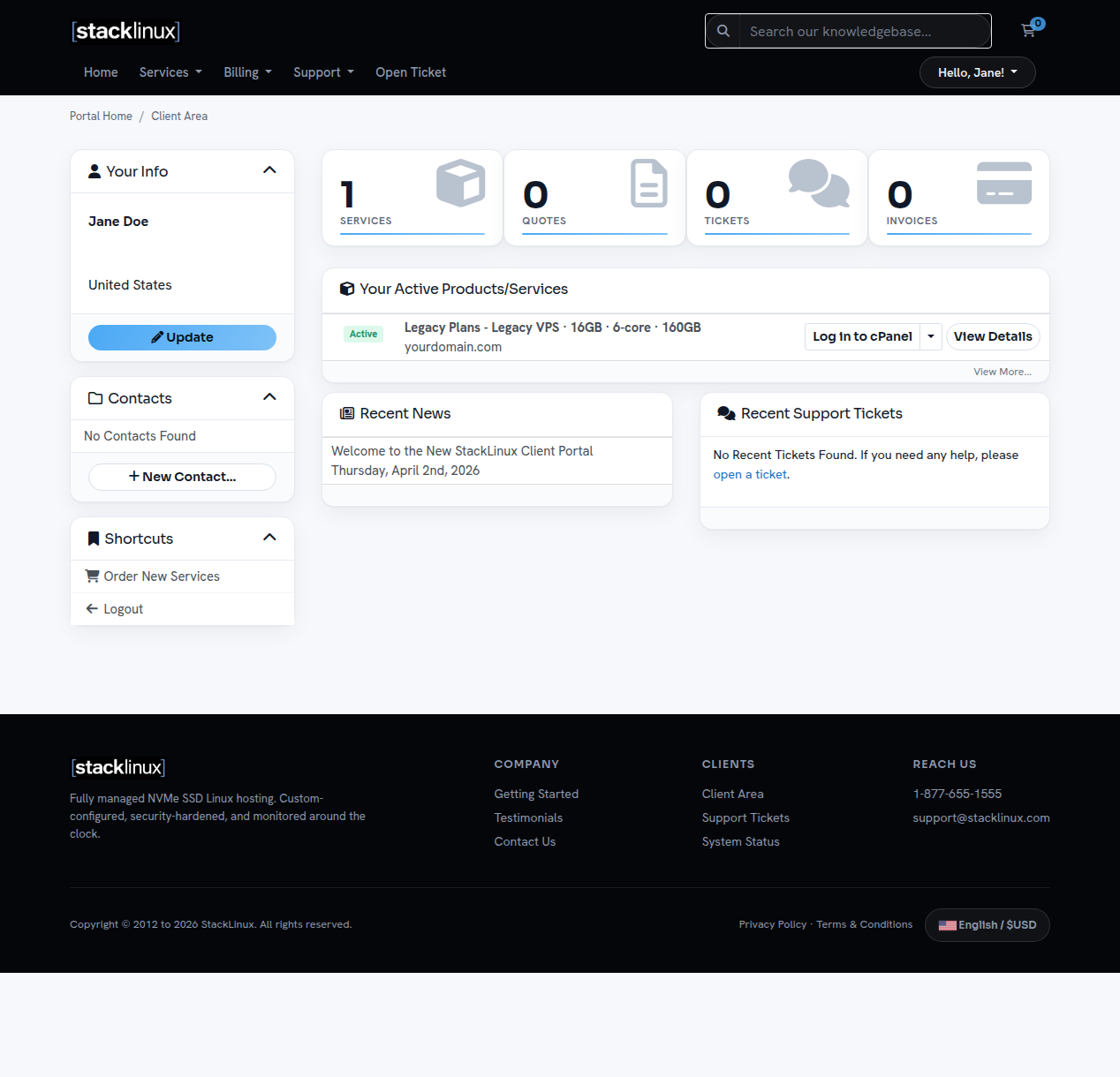 StackLinux client portal dashboard
