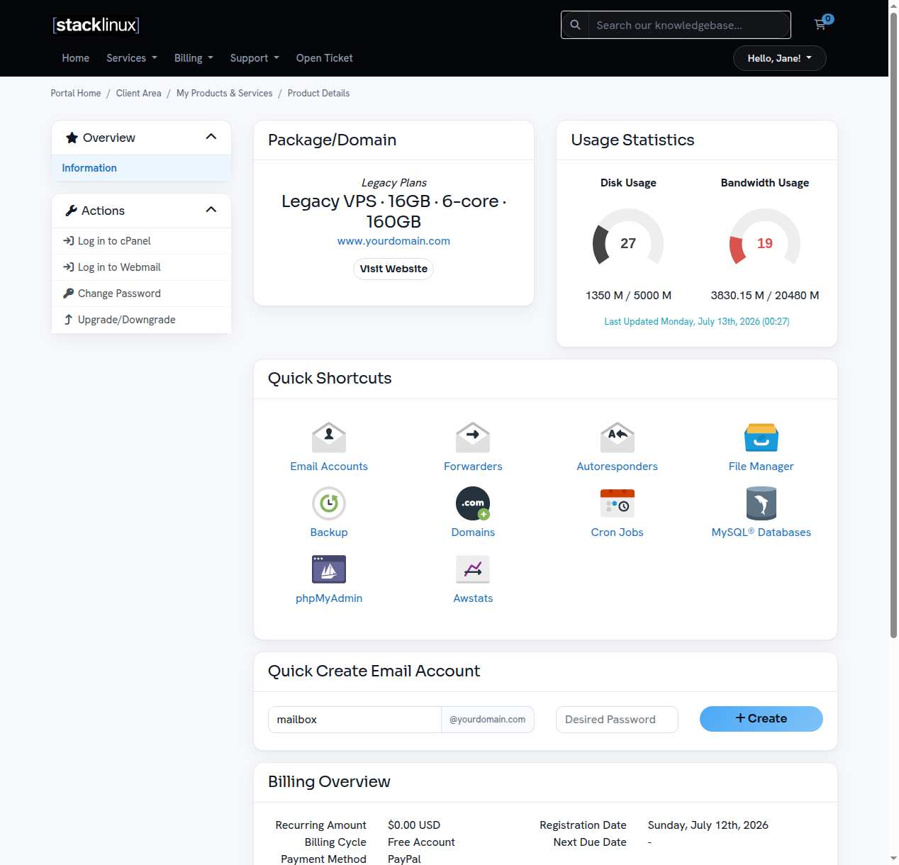 Service page with cPanel Quick Shortcuts