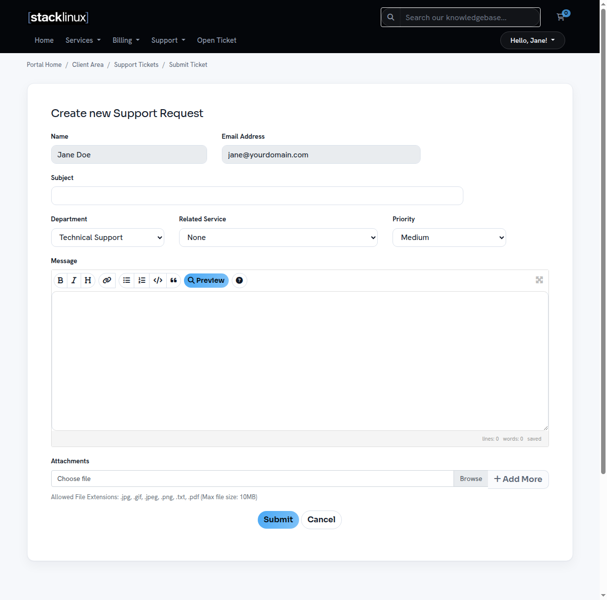 Submit ticket form in the client portal