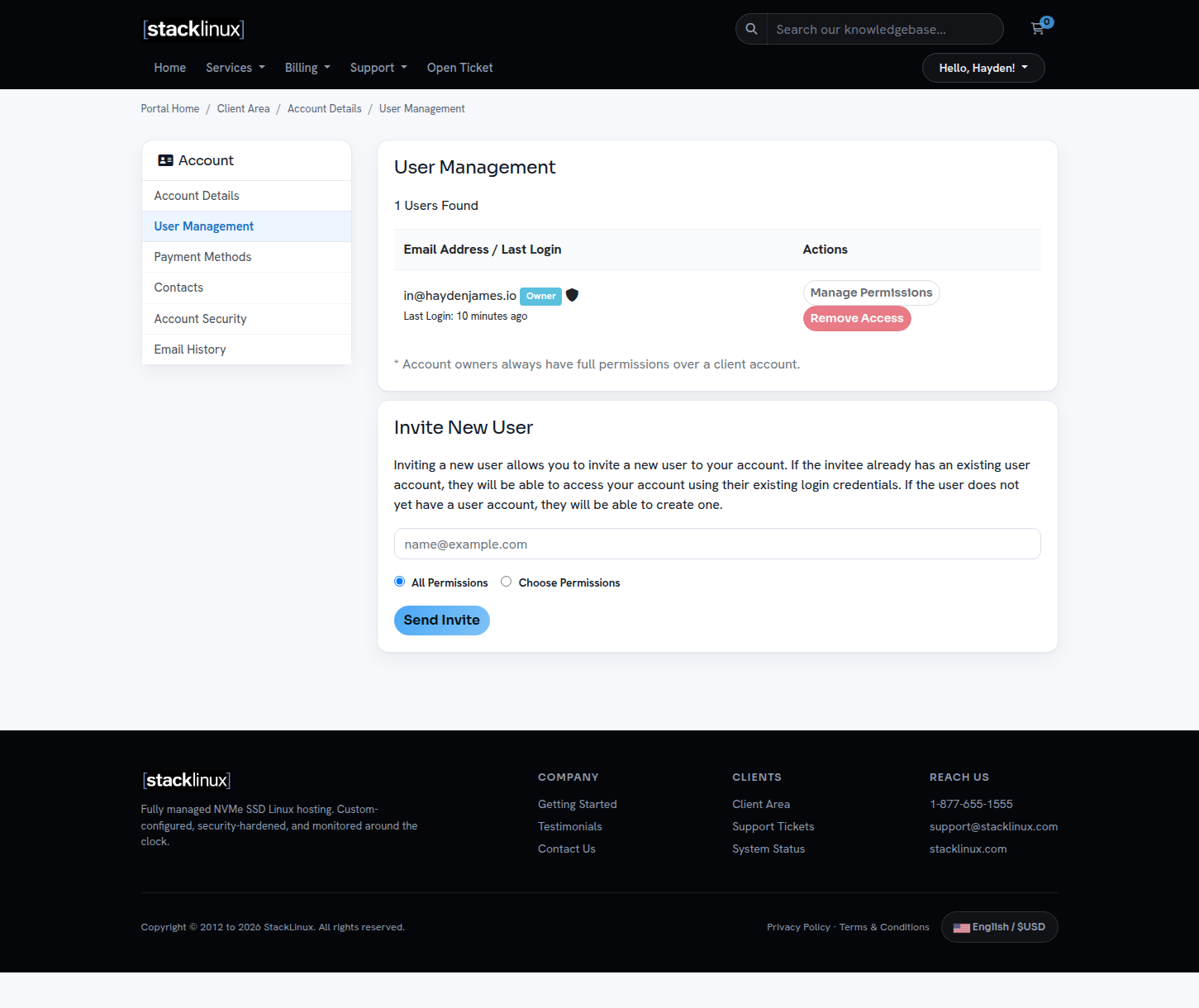 User Management page in the client portal